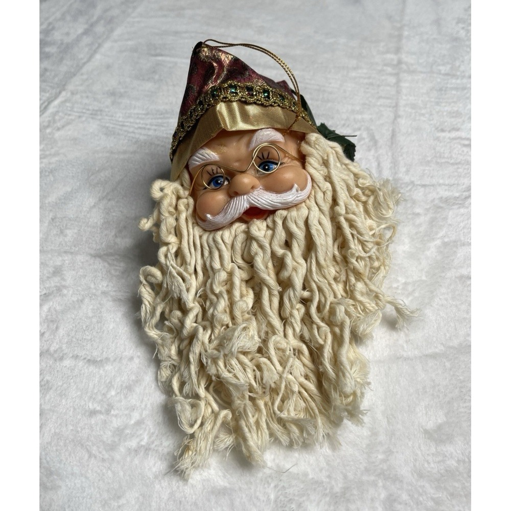 Santa Head Christmas Ornament Large Face Mop Beard Handmade Homemade Vintage